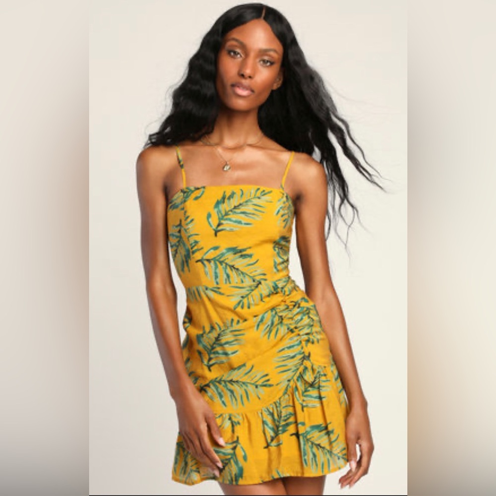 NWT Lulus Mustard Tropical Print Mini Dress, Size Small
